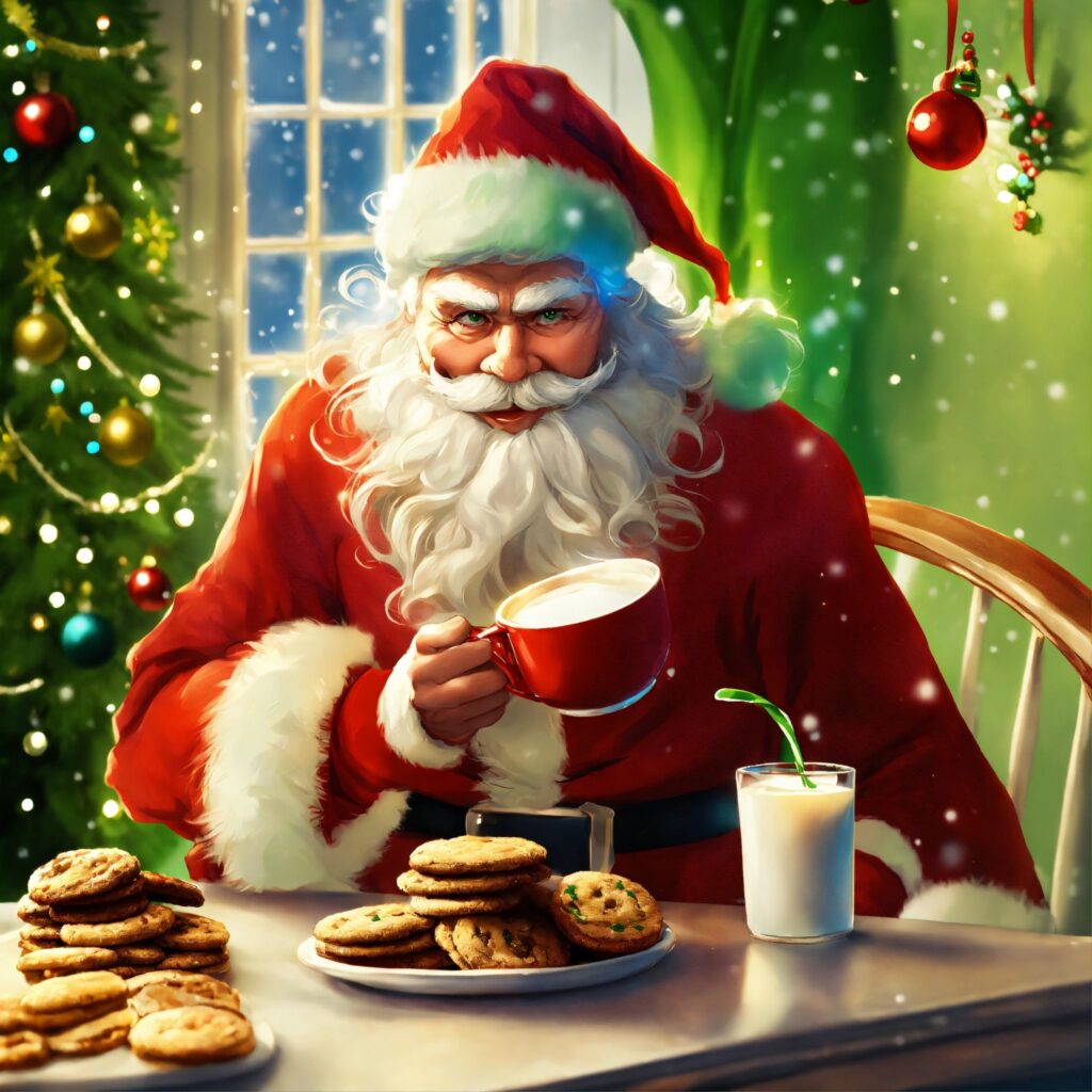 santa claus taking a cup of milk and cokies whit t