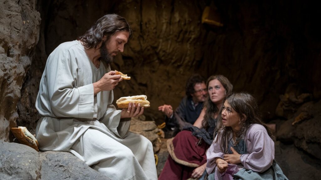 a photo of jesus christ eating bread and fish in a wENzLZUfSwaTyIYbmu8hFA TdzaG5WySl2feK9VmboYkQ